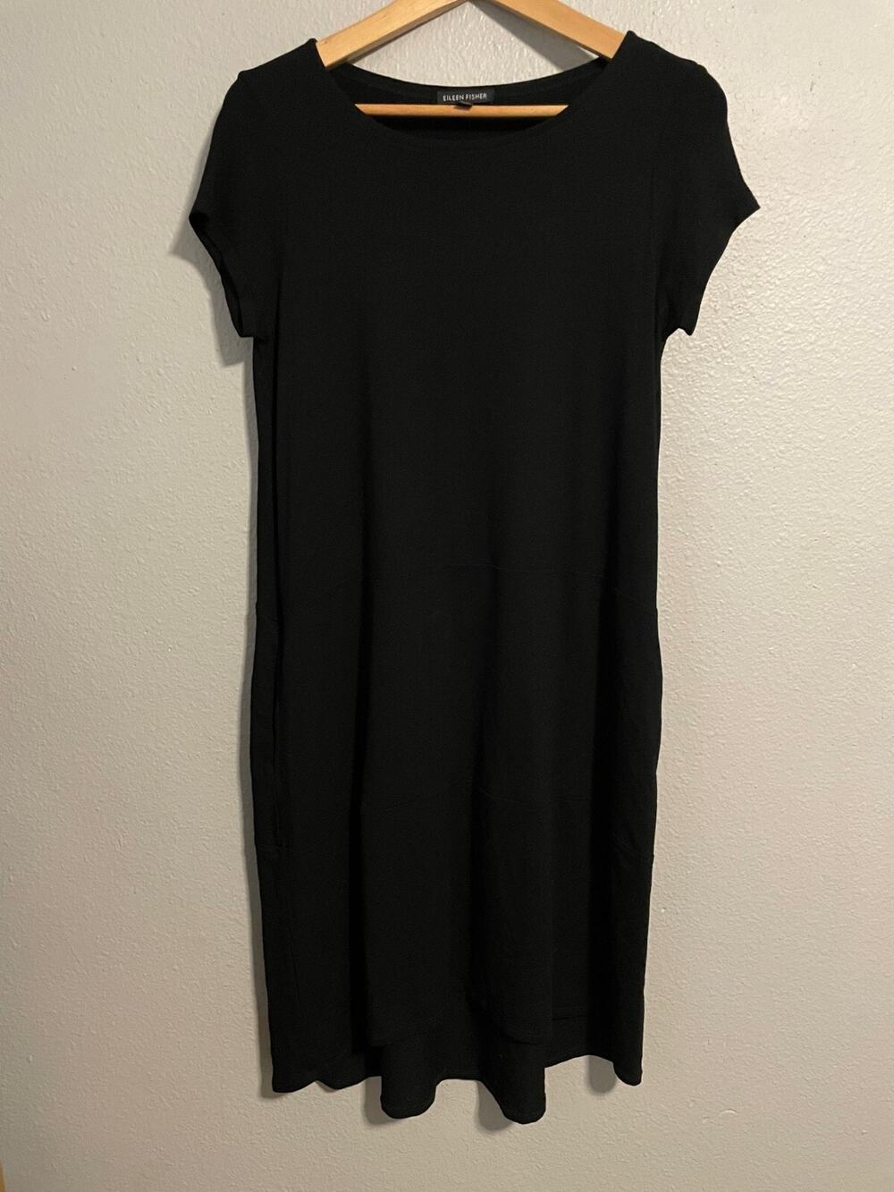 Eileen Fisher Womens Midi Dress Size XS Black Stretch Short Sleeve Neutral